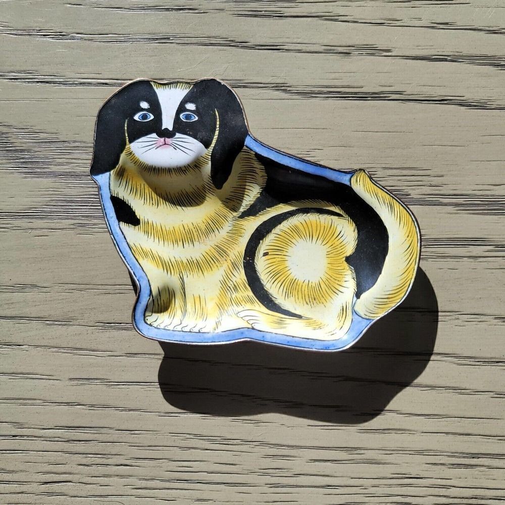 Cat Rabbit Bunny Metal Enamel Dish Trinket Tray Hand Painted Seymour Mann Style